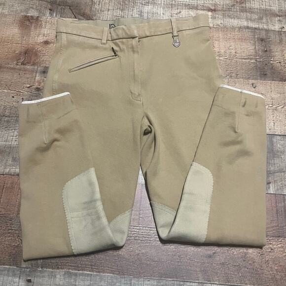 VEQUI Comfort Women's Tan Khaki Equestrian Breeches Knit Riding Pants Sz 30 - Picture 1 of 8
